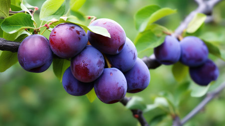 Ripe blue purple plums and green leaves on branchの素材