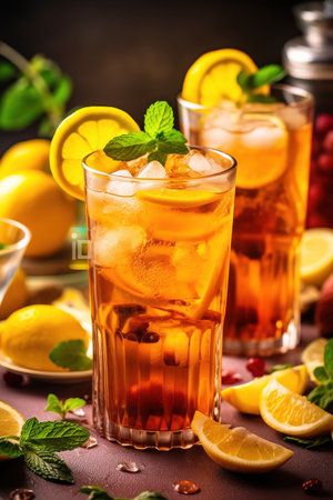 Iced tea with lemon slice and mint Generative AIの素材