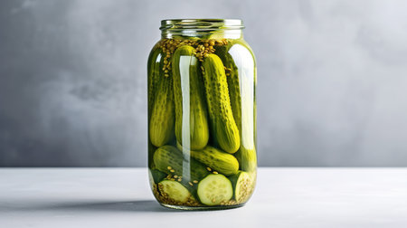 ickled cucumbers in a glass jar on a light background. Homemade fermented or pickled cucumbers. Generative AIの素材