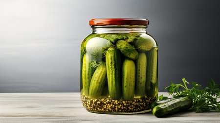 ickled cucumbers in a glass jar on a light background. Homemade fermented or pickled cucumbers. Generative AIの素材