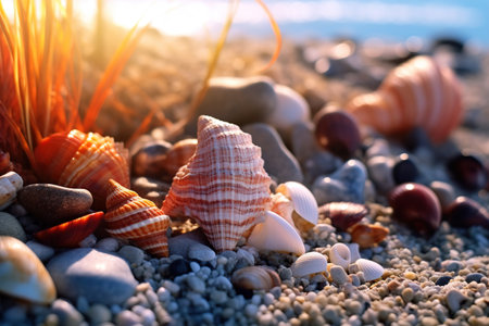 Landscape with shells on tropical beach Generative AIの素材