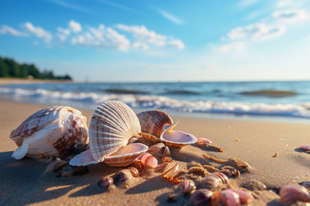 Landscape with shells on tropical beach Generative AIの素材