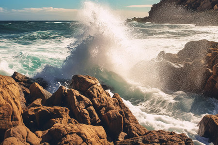 wind-driven waves crash against the jagged coral shore and shatter into a high, splashing fan Generative AIの素材