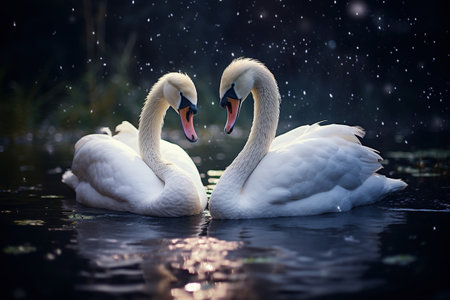 Two white swans. romantic background. The romance of a white swan with a clear beautiful landscape Generative AIの素材