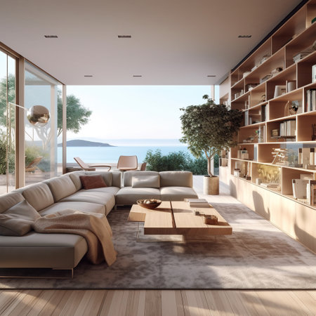 modern living room with a view of the coast. Generative AIの素材