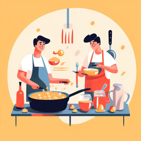 skinned friends cook food, flat illustration. Generative AIの素材
