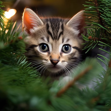 A little kitten under the Christmas tree for Christmas. Generative AIの素材