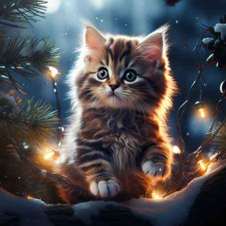 A little kitten under the Christmas tree for Christmas. Generative AIの素材