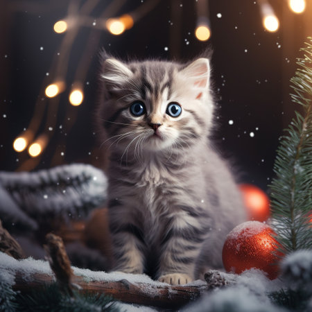 A little kitten under the Christmas tree for Christmas. Generative AIの素材