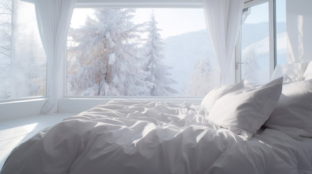 Bedroom interior in white tones with a Christmas tree in winter outside the window Generative AIの素材