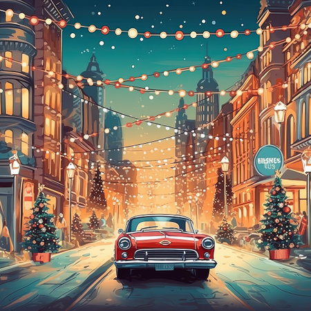 Retro cars in the old town in snowy weather for Christmas Generative AIの素材