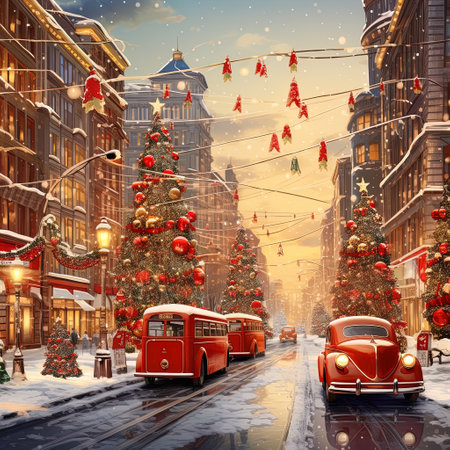 Retro cars in the old town in snowy weather for Christmas Generative AIの素材