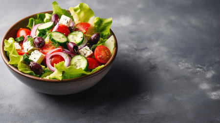 Greek salad with fresh vegetables, feta cheese and kalamata olives. Health food. Generative AIの素材