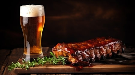 Glass of beer and grilled pork ribs with rosemary on a wooden board. Copy space Generative AIの素材