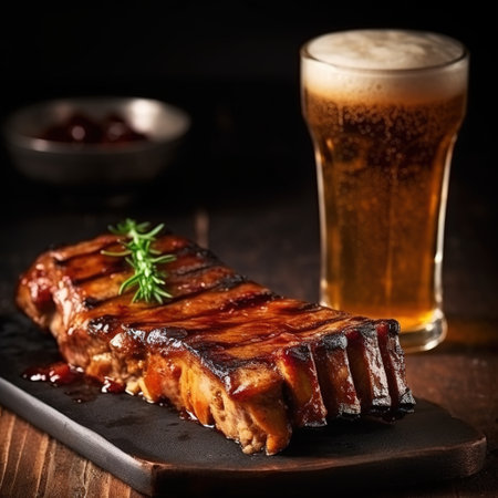Glass of beer and grilled pork ribs with rosemary on a wooden board. Copy space Generative AIの素材