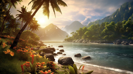 exotic landscape, palm tree mountains Generative AIの素材