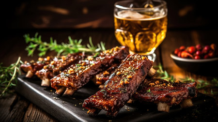 Glass of beer and grilled pork ribs with rosemary on a wooden board. Copy space Generative AIの素材