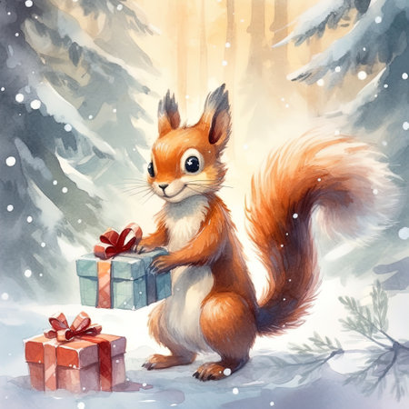 vintage composition with branches of a winter forest and a squirrel. A winter design element for a greeting card. Can be used for poster, web page, packaging. Generative AIの素材