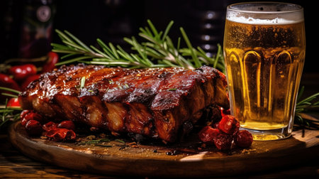 Glass of beer and grilled pork ribs with rosemary on a wooden board. Copy space Generative AIの素材