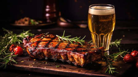 Glass of beer and grilled pork ribs with rosemary on a wooden board. Copy space Generative AIの素材