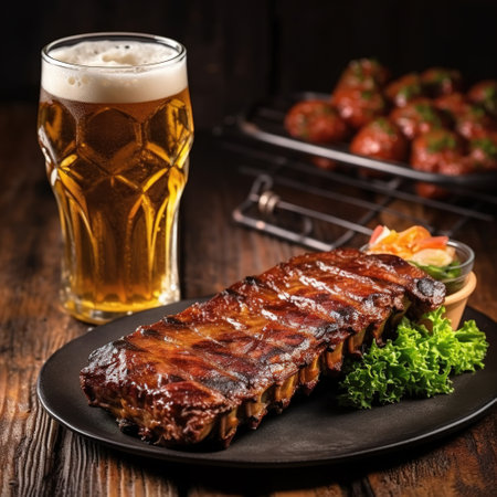 Glass of beer and grilled pork ribs with rosemary on a wooden board. Copy space Generative AIの素材