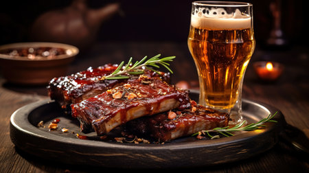 Glass of beer and grilled pork ribs with rosemary on a wooden board. Copy space Generative AIの素材