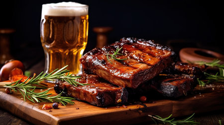 Glass of beer and grilled pork ribs with rosemary on a wooden board. Copy space Generative AIの素材
