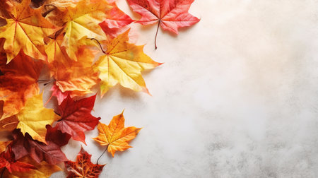 Yellow and red autumn leaves of trees on a light background, autumn background, copy space Generative AIの素材