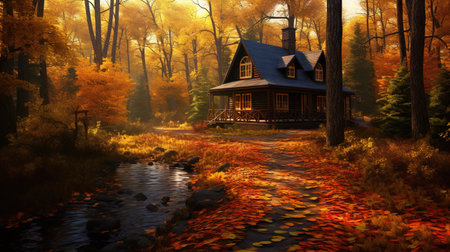 a house in an autumn forest, red and yellow colors of nature Generative AIの素材