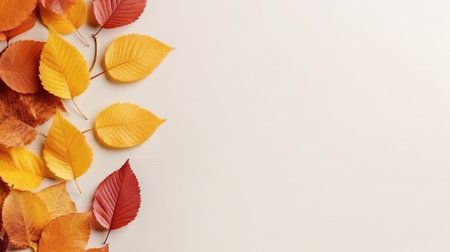 Yellow and red autumn leaves of trees on a light background, autumn background, copy space Generative AIの素材