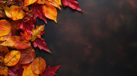 Yellow and red autumn leaves of trees on a dark background, autumn background, copy space Generative AIの素材