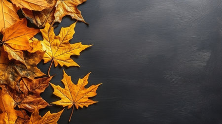 Yellow and red autumn leaves of trees on a dark background, autumn background, copy space Generative AIの素材