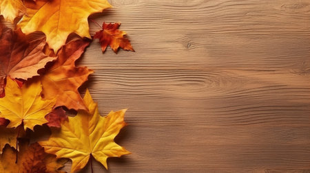 Yellow and red autumn leaves of trees on a wooden background, autumn background, copy space Generative AIの素材