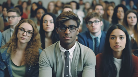 Focused motivated young guys and girls of different nationalities listening to lecture in university auditorium Generative AIの素材