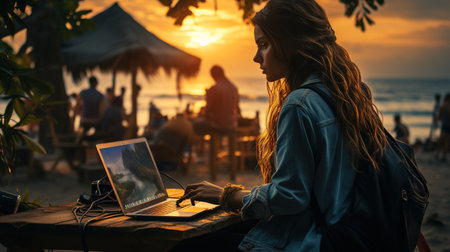 A freelance girl on the beach under a palm tree. A business woman is sitting on the coast and working with a laptop Generative AIの素材