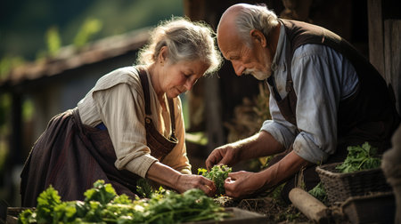 farming, gardening, agriculture and people concept - happy senior couple working in garden at summer farm Generative AIの素材