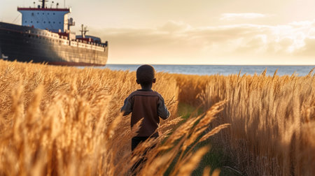 An African boy looks at the sea with a ship. Cargo ship. grain deal.の素材