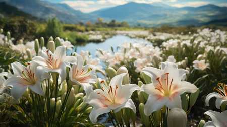 Flowers in the Sun Along the Mountain Stream Generative AIの素材