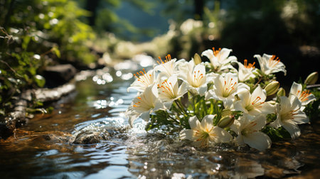Flowers in the Sun Along the Mountain Stream Generative AIの素材