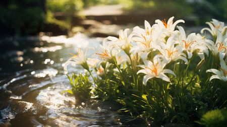 Flowers in the Sun Along the Mountain Stream Generative AIの素材