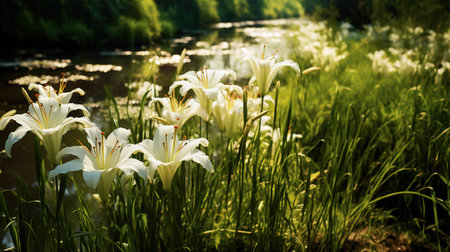 Flowers in the Sun Along the Mountain Stream Generative AIの素材