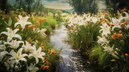Flowers in the Sun Along the Mountain Stream Generative AIの素材