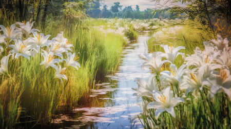 Flowers in the Sun Along the Mountain Stream Generative AIの素材