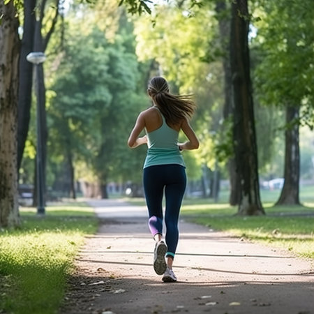 The young lady is running. A female runner runs through the parkの素材