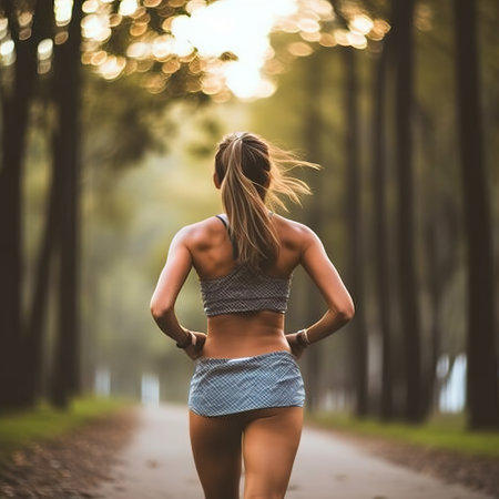 The young lady is running. A female runner runs through the parkの素材