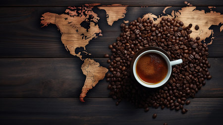 Top view of black coffee with a world map on a cup on the table in the form of coffee beans. Generative AIの素材