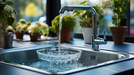 Kitchen water faucet. Water tap made of chrome material Generative AIの素材