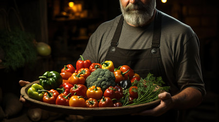 Farmer man holding wooden box full of fresh raw vegetables in his hands. Basket with vegetables in the hands Generative AIの素材
