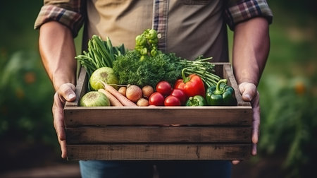 Farmer man holding wooden box full of fresh raw vegetables in his hands. Basket with vegetables in the hands Generative AIの素材