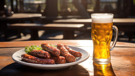 a glass of beer with a meat snack on a wooden table Generative AIの素材